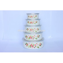 5PCS enamel mixing ice bowl with plastic lid and flower decal